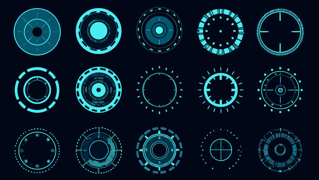 Circular interface icons collection a set of futuristic teal colored graphic elements on dark background element