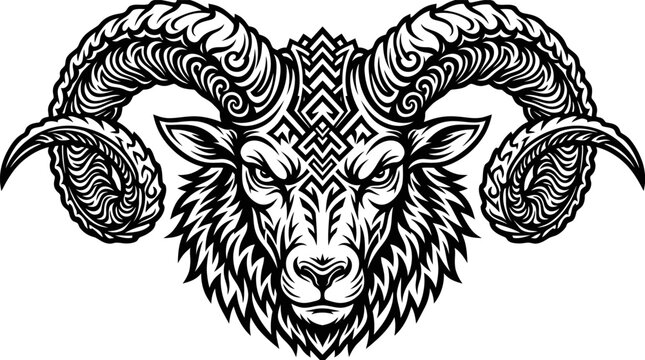 Stylized ram head illustration with large curved horns and geometric tribal patterns in black and white line art