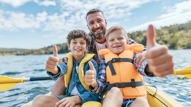 Father and two sons in life vests smiling and giving thumbs up while sitting in a yellow kayak on a calm lake