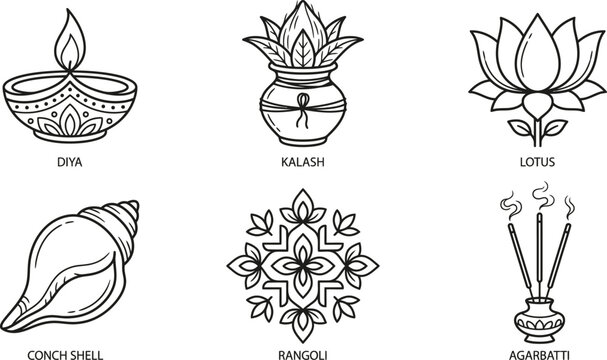 Indian religious symbols collection diya kalash lotus conch shell rangoli agarbatti