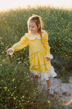 Young girl exploring wildflower meadow in warm summer sun light