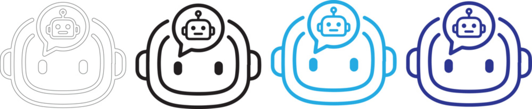 Four distinct variations of a minimalist robot head vector graphic illustration featuring a speech bubble with a small robotic icon