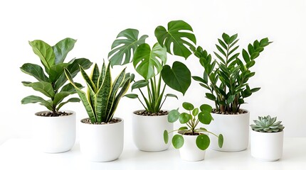 Fototapeta premium Indoor plants, potted greenery, houseplants in white pots, tropical foliage