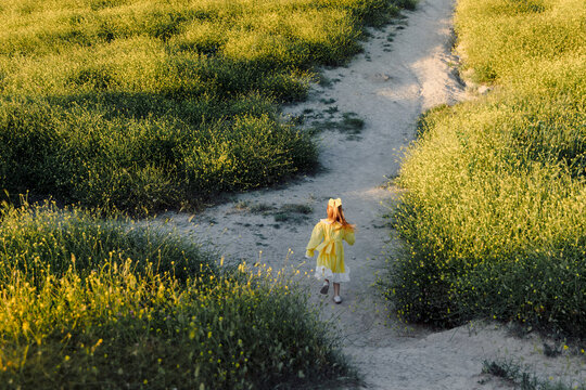 Aerial view of little girl walking through green meadow path near coast