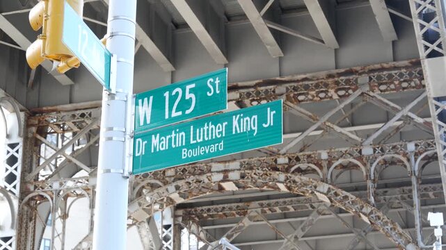 Riverside drive viaduct and 125 street sign, Harlem in Upper Manhattan, New York City, United States. 12 twelve avenue viaduct. Elevated flyover transport road. Steel arch bridge, overpass junction.