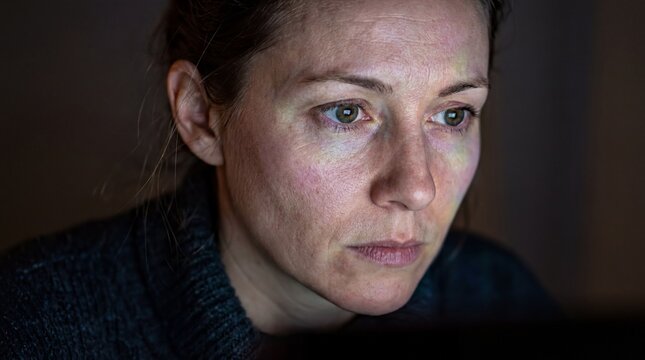 tech innovation, a female programmer gazes thoughtfully, her glasses reflecting vibrant neon code