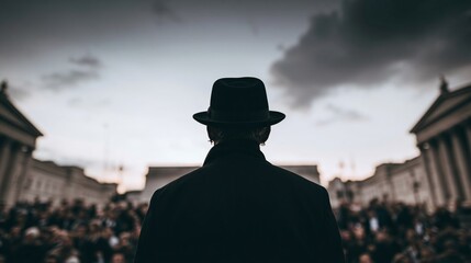 Fototapeta premium Mysterious man in a hat standing in crowd overlooking urban square with historic architecture