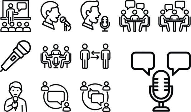  Podcast broadcasting and public speaking line icon set featuring microphones, interview speech bubbles, lecture presentations, business panel discussions, and audio recording elements