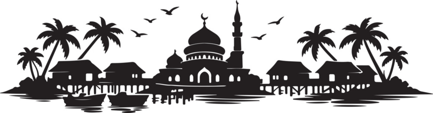 Tropical Island Village With Islamic Mosque
