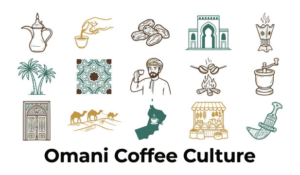 Hand Drawn Vector Icon Set for Omani Coffee Culture with Traditional Elements
