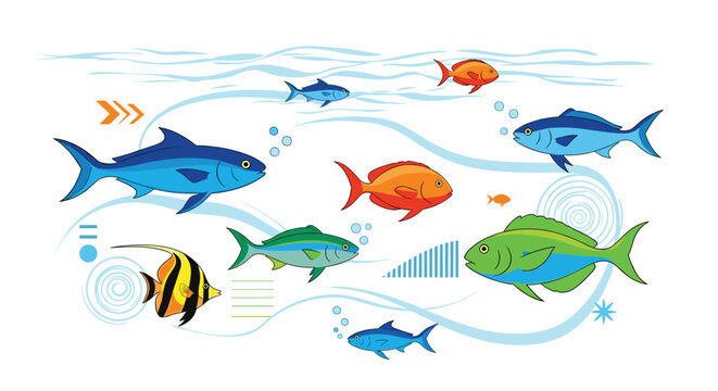 Dynamic illustration of various colorful tropical fish swimming in ocean currents with stylized water waves and bubbles.