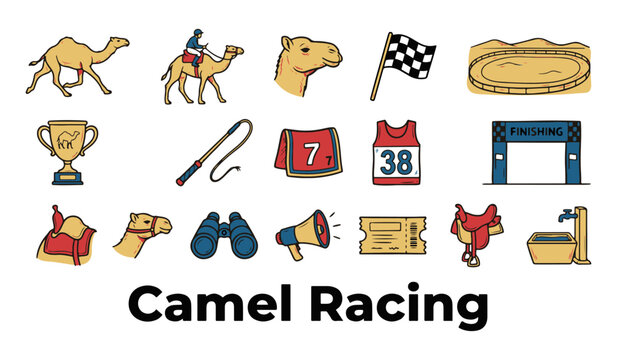 Set of Camel Racing Vector Icons. Sport and Desert Animal Theme Collection.