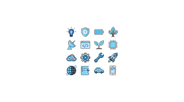  Retro pixel art game asset icon set featuring blue fantasy items, magical scrolls, shields, crystals, potions, and inventory equipment for video games. 
