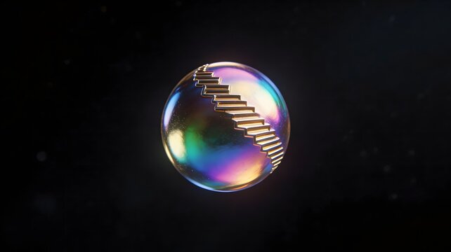 Photorealistic levitating iridescent liquid bismuth crystal in vacuum chamber