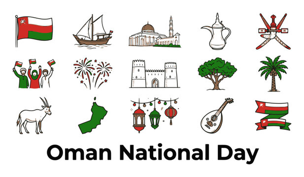 Hand Drawn Set of Oman Icons, Cultural Symbols and Landmarks with Text 'Oman National Day' Vector
