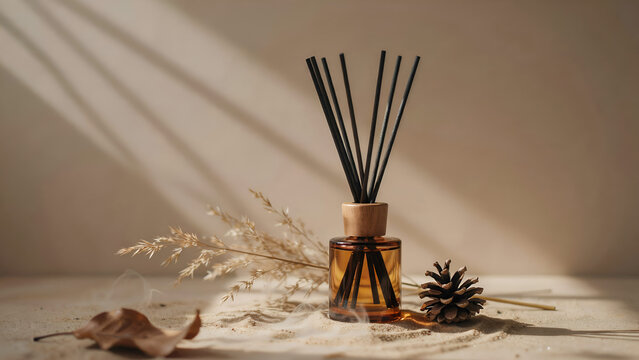 Amber glass reed diffuser with dried grass and pinecone on beige surface