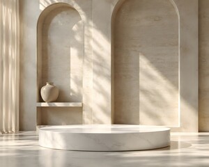 Fototapeta premium Empty stone pedestal for product display in modern arch room