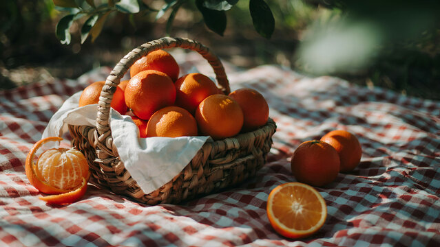 Wicker basket filled with fresh oranges on a red and white gingham picnic blanket
