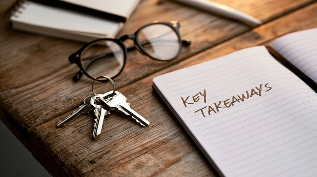 Notebook with key takeaways handwritten, keys, glasses, and pen on rustic wooden desk, conceptualizing important points