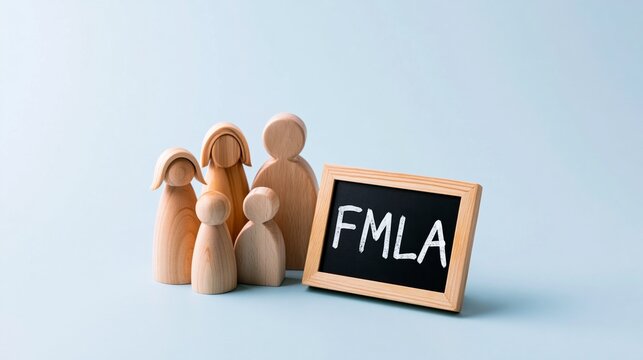 Family figurines standing with FMLA blackboard, representing parental leave and employee support