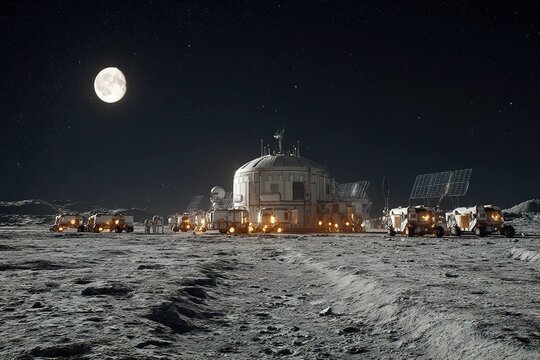 moon base with rovers and solar panels under stars