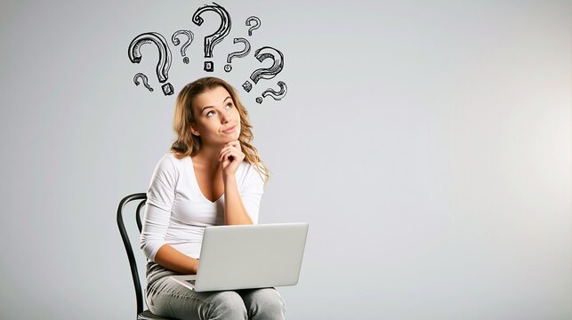 Young woman thinking, pondering questions, searching for solutions, having doubts with hand drawn question marks