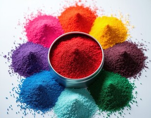 Fototapeta premium Colorful plastic masterbatch granules arranged in circle. Various pigment pellets are ready for industrial use in manufacturing. Material for polymer coloring and production.