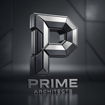 Prime Architects Metallic Letter P Logo, Faceted Chrome 3D Monogram Standing in Dark Cinematic Studio, Luxurious Architectural Brand Mark Conveying Precision, Strength, Modern Design Excellence, and H