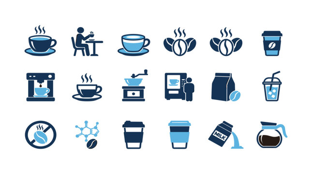 Coffee shop and cafe flat icon set featuring espresso cups, roasted beans, brewing machine, grinder, vending dispenser, disposable takeaway packaging, and decaf symbols