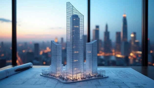Architectural model of skyscrapers on blueprint with cityscape background at dusk. Planning urban development construction project. Modern city design.