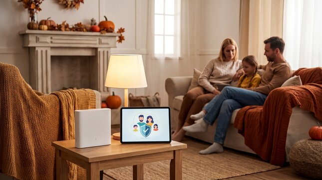 family tech setup, cozy fall living room featuring a family-focused cybersecurity setup