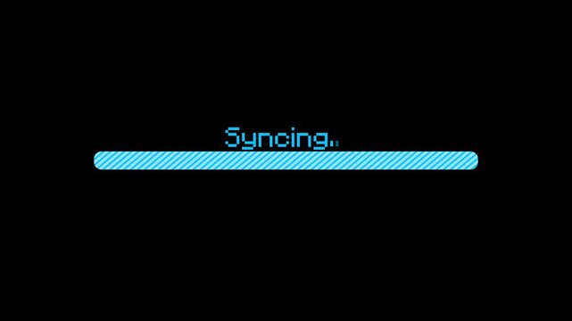 Digital syncing process blue progress bar loading screen on black background