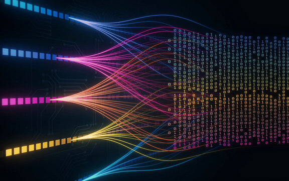 Abstract multicolor data flow with binary code visualization and digital information processing background