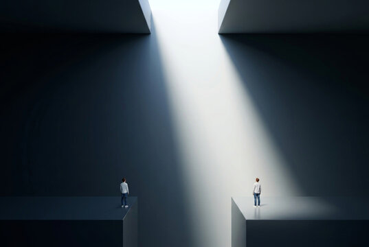 Conceptual business decision with professional choosing between uncertainty and opportunity under dramatic light