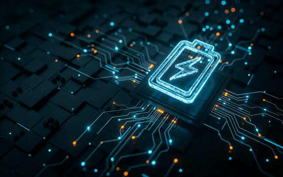Futuristic battery technology concept with glowing energy storage and digital power network