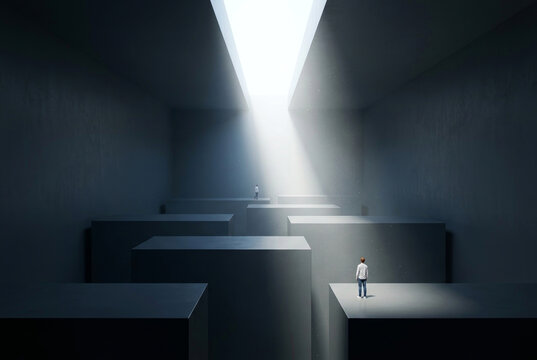 Conceptual business decision with professional choosing between uncertainty and opportunity under dramatic light