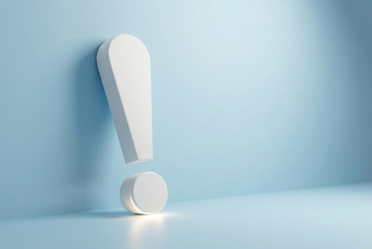 Minimal white exclamation mark symbol on soft blue background representing attention warning and important information