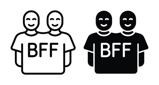 Best friends forever icon set showing two happy people sharing one large shirt with BFF text for friendship and togetherness