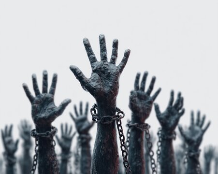 Silhouette of raised hands with broken chains on white background, symbolizing the abolition of slavery and freedom