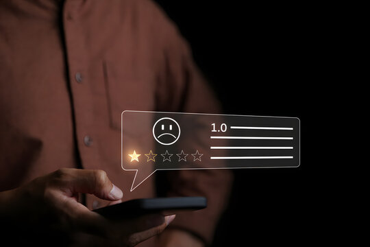 Customer review satisfaction feedback survey concept. experience dissatisfied, Unhappy user giving sadness emotion face on online survey. bad review, bad service dislike bad quality, low rating,