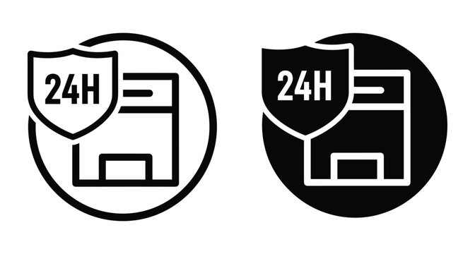 24 hour security service icon set for shop store building protection with shield symbol and round circle frame design elements