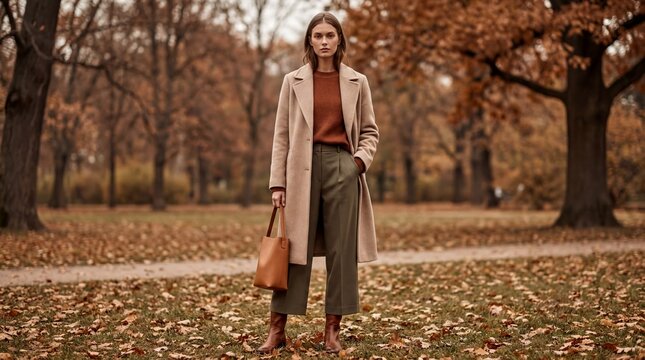 fall fashion trends, a model showcases elegant fall fashion in earthy tones of beige, tan, and rust