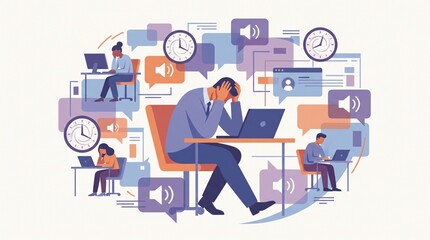 Fototapeta premium Stressed professional employees working at desks with digital overload and constant noisy communication bubble notifications
