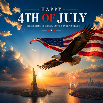Happy 4th of July American Independence Day with Bald Eagle, USA Flag and Statue of Liberty