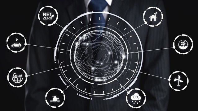 Net zero and sustainability concepts with environmental balance, digital sustainability icons, green energy goals, and eco-conscious digital business transformation for the future. Gist