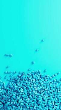 Close-up top view of rotating cyan polypropylene plastic granules and masterbatch resin pellet pile, 3D render seamless Vertical video.