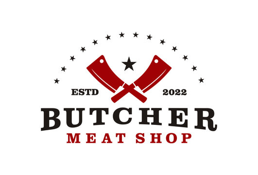 Vintage Butcher Meat Shop Logo with Crossed Cleavers and Stars.
