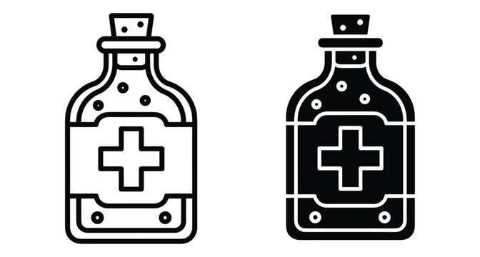 Medicine bottle icon set with cross symbol for healthcare pharmacy medical treatment liquid drug container outline and solid glyph style