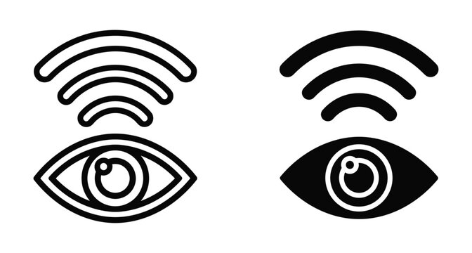 Eye icon with wireless signal waves representing smart vision digital surveillance remote monitoring technology and live streaming video broadcast symbols