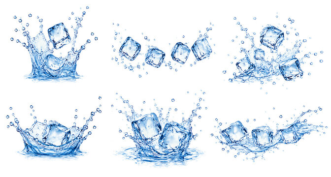 Transparent ice cubes falling into fresh clean splashing water.